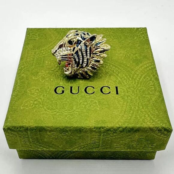 Gucci Women's Bronze Rajah Tiger Head Ring with Crystals - Picture 6 of 6